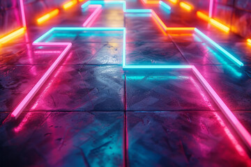 Poster - Neon lines creating a geometric pattern with bright, glowing accents,