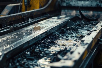 Poster - A close up view of a metal object moving on a conveyor belt, useful for industrial or manufacturing themed images