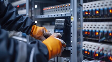 Poster - A person wearing an orange glove works on a machine, perfect for illustrating workplace safety or industry-related concepts