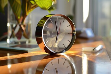 Poster - A clock sitting on top of a wooden table, suitable for use in interior design or still life photography