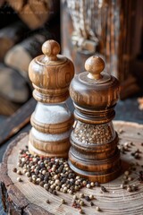 Poster - Two small amounts of ground pepper sitting on a wooden board, suitable for use as garnish or in cooking
