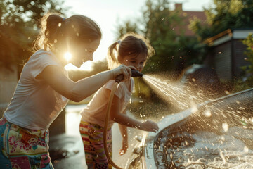Wall Mural - A young girl laughing and splashing water on her car with the garden hose on a sunny day, with beautiful nature in the background
