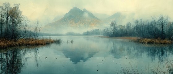 Wall Mural - lake surrounded by majestic mountains and lush green forest on a misty autumn morning with a stunning reflection in the calm water and a sense of peaceful beauty in the scenic outdoor scene