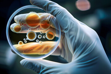 Wall Mural - close up of scientist's hand holding petri dish with bacteria colony