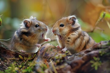 Poster - Two hamsters perched on a tree branch, looking out at the surroundings