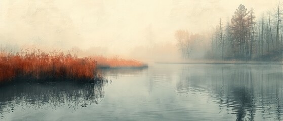 Wall Mural - peaceful and serene morning landscape of a tranquil lake surrounded by misty trees and foggy forest with a stunning reflection of the blue sky and a sense of calm