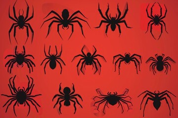 Poster - A cluster of spider silhouettes on a bright red background