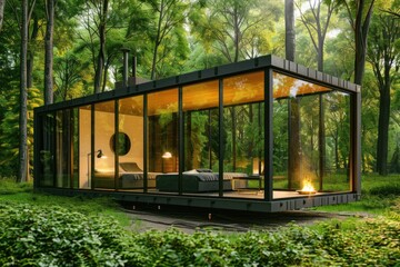 Aufkleber - A single-level glass house situated amidst dense foliage