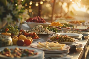 Poster - A long table filled with plates of food