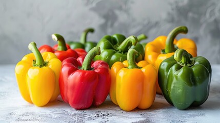 Wall Mural - Assorted colorful bell peppers on a white surface viewed from the side
