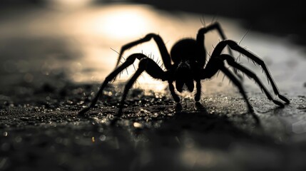Poster - A large spider sits atop a wooden floor, its legs and body prominent