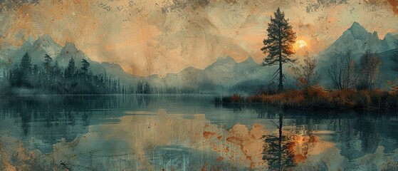 Wall Mural - landscape of a tranquil lake surrounded by majestic mountains and lush green forest with natural scenery on a summer morning with a hint of fog and a touch of watercolor artistry