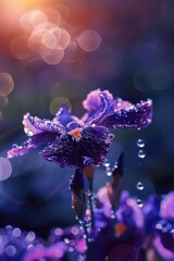 Poster - A close-up of a purple flower with water droplets glistening on its petals