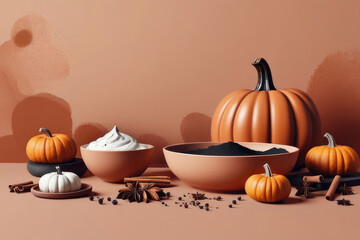 Wall Mural - Autumn baking concept with pumpkin, spices and cookie on terracotta background.