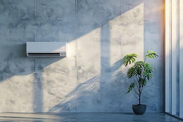 Poster - A houseplant sits in a pot next to a wall-mounted air conditioner, providing a touch of greenery in a modern setting