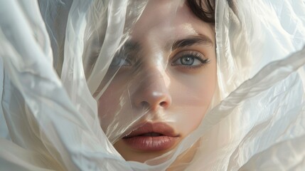 Wall Mural - A close-up shot of a person wearing a white veil, suitable for use in various contexts such as mystery, suspense or romance scenes