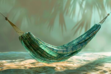 Poster - A hammock hangs between two palm trees on a sunny beach