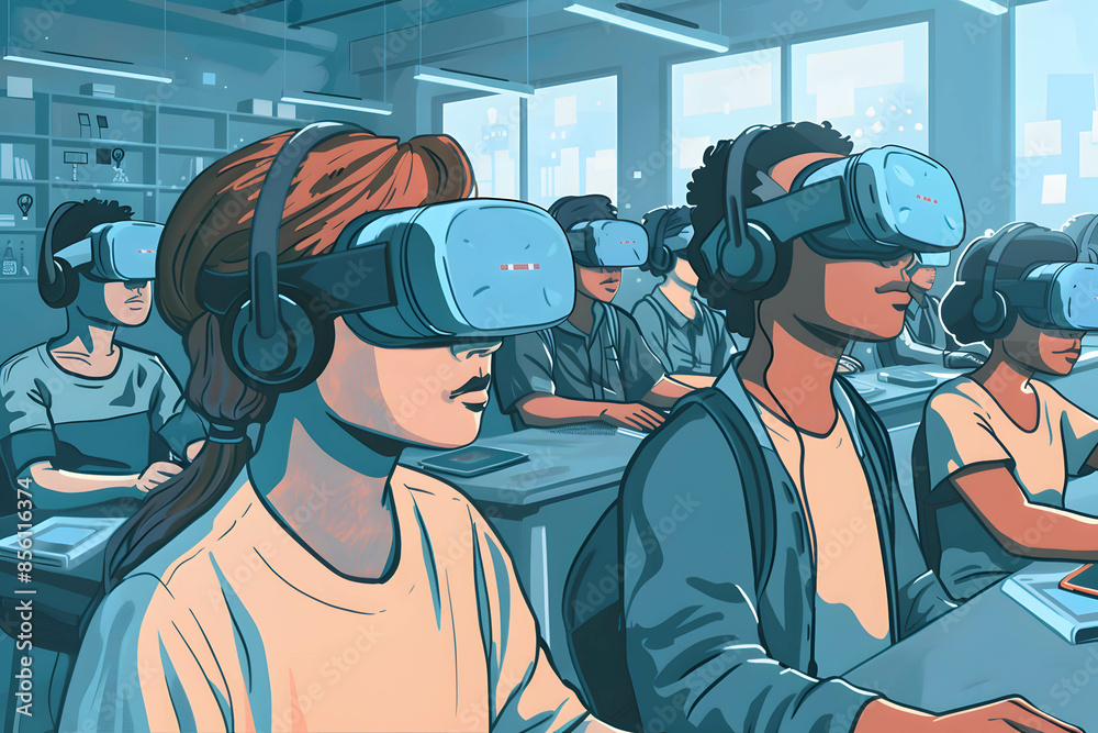 Virtual Transformation Concept art of digital transformation in education with students using ...