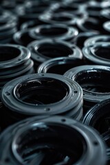 Poster - A compact collection of black camera lenses in a tight shot, ideal for photography or tech-related uses