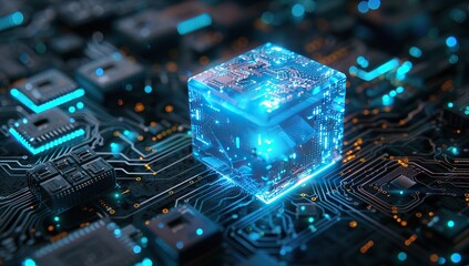 Poster - Glowing Blue Cube on a Circuit Board