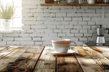 Aufkleber - A coffee cup sits on a wooden table, perfect for a cozy morning or afternoon
