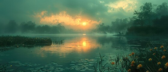 Wall Mural - dawn breaks over a tranquil lake as mist rises from the water with the sun casting a warm glow on the surrounding greenery and wildflowers in bloom creating a serene landscape