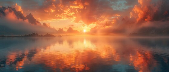 Wall Mural - sunset hues cast a fiery glow over a peaceful lake reflecting the sky’s vibrant tapestry as the day ends in a tranquil display of nature’s majesty