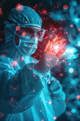 Poster - A person in a blue uniform holds a glowing object, suitable for use as an icon or illustration