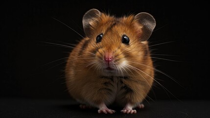 Poster - A brown and white hamster sits on a black surface, ready for observation