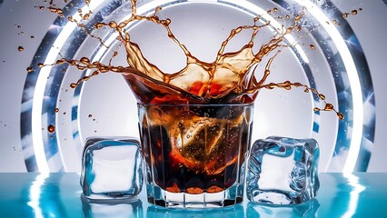 Wall Mural - Splashing in glass with soda ice cubes white background