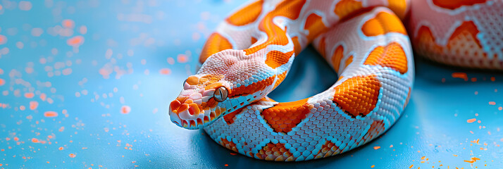 a large orange and white snake laying on top of a blue and white surface with it's tail curled up.
