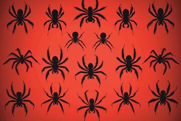 Poster - Silhouetted spiders against a bright red background, ideal for use in designs related to Halloween or insects