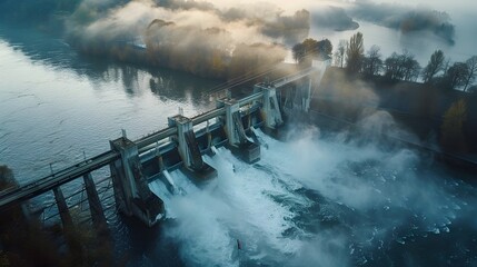 Wall Mural - Hydro Power Station Overlooking Rushing River in Serene Misty Landscape