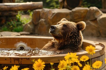 Poster - A brown bear sits comfortably in a tub of water