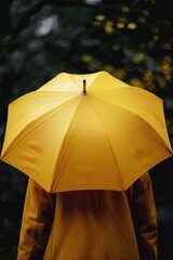 Poster - A person stands under an open yellow umbrella on a rainy day, keeping dry