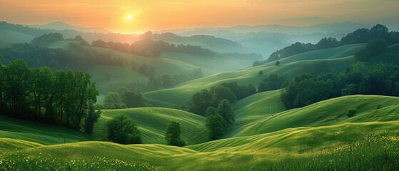 Wall Mural - sunrise caresses lush green hills with misty layers of forest and light piercing through the morning haze