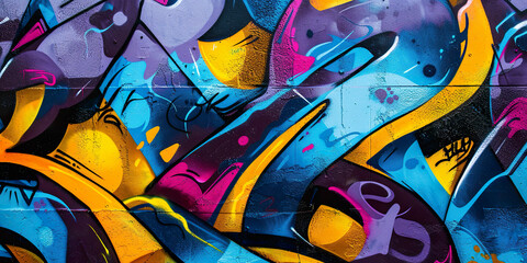 Wall Mural - Graffiti street art abstract mural spray paint background wallpaper Backdrop. Tags, wildstyle throw up, piece, expressive wall painting in blue, purple, yellow and pink colors