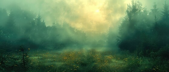 Wall Mural - morning mist weaves through a forest awakening as golden wildflowers bask in the first light of day