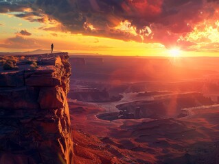 Wall Mural - A dramatic scene of a lone figure standing on a cliff edge at sunset, with a wide-angle view capturing the vast landscape and the intense colors of the sky