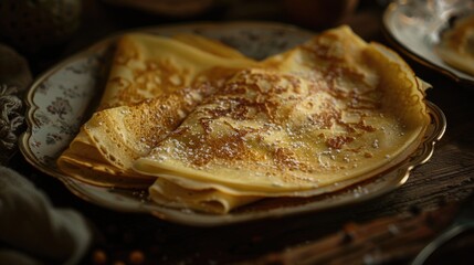 Poster - A plate of crepes on a wooden table, suitable for food or lifestyle photography