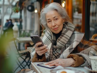 Wall Mural - A stylish senior woman with gray hair and chic clothing, confidently using a smartphone while sitting in a trendy cafe, blending modern technology with timeless elegance