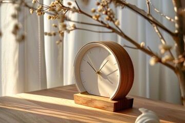 Aufkleber - A clock sits on a wooden table, providing a simple and rustic time-telling device