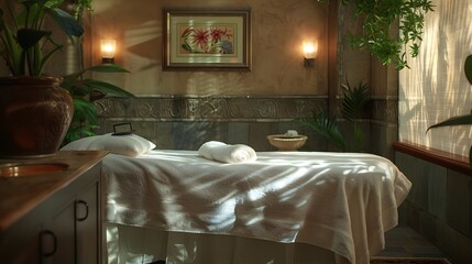 A peaceful spa setting with a focus on holistic wellness, showcasing massage therapy, essential oils, and medicinal herbs to enhance relaxation