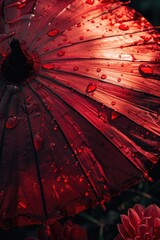 Poster - A close-up shot of a red umbrella with water droplets on its surface