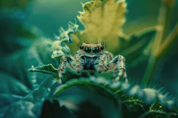 Poster - A close-up shot of a spider sitting on a plant, with its legs curled around the stem