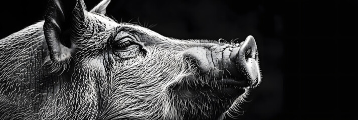 Sticker - a black and white photo of a pig's face with its nose to the side of the pig's head.