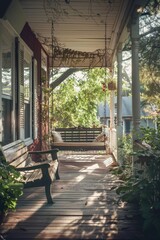 Poster - A simple wooden porch with a single bench, great for outdoor spaces and relaxation
