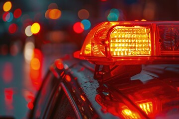 Poster - Close-up view of a bright red warning light on top of a car, often used as a traffic indicator or hazard signal