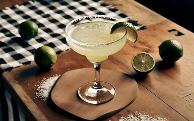 Wall Mural - Classic margarita cocktail on wooden table with limes black and white