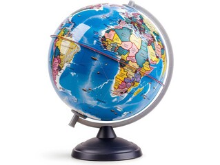 A globe and map on a desk, realistic photo, clipping path, isolated on white background